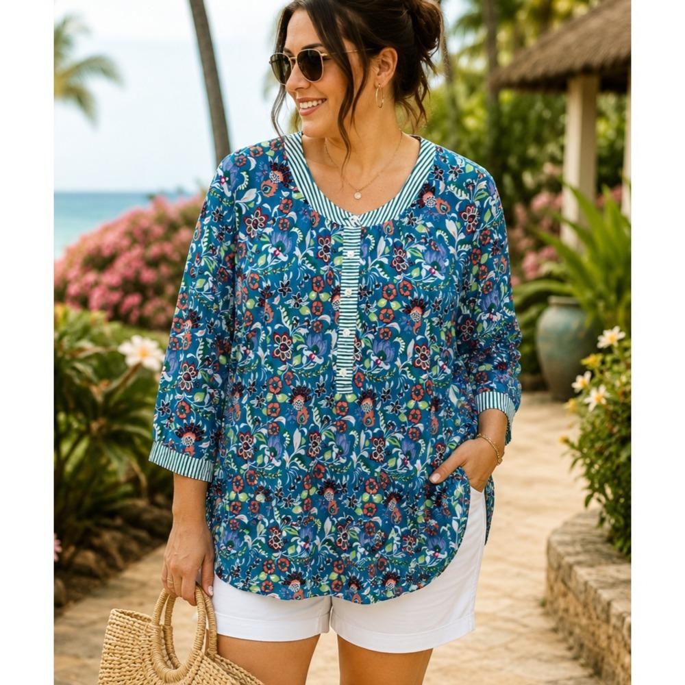 NWT Talbots Women Jacobean Floral Popover Blouse Large Teal Boho Coastal Resort